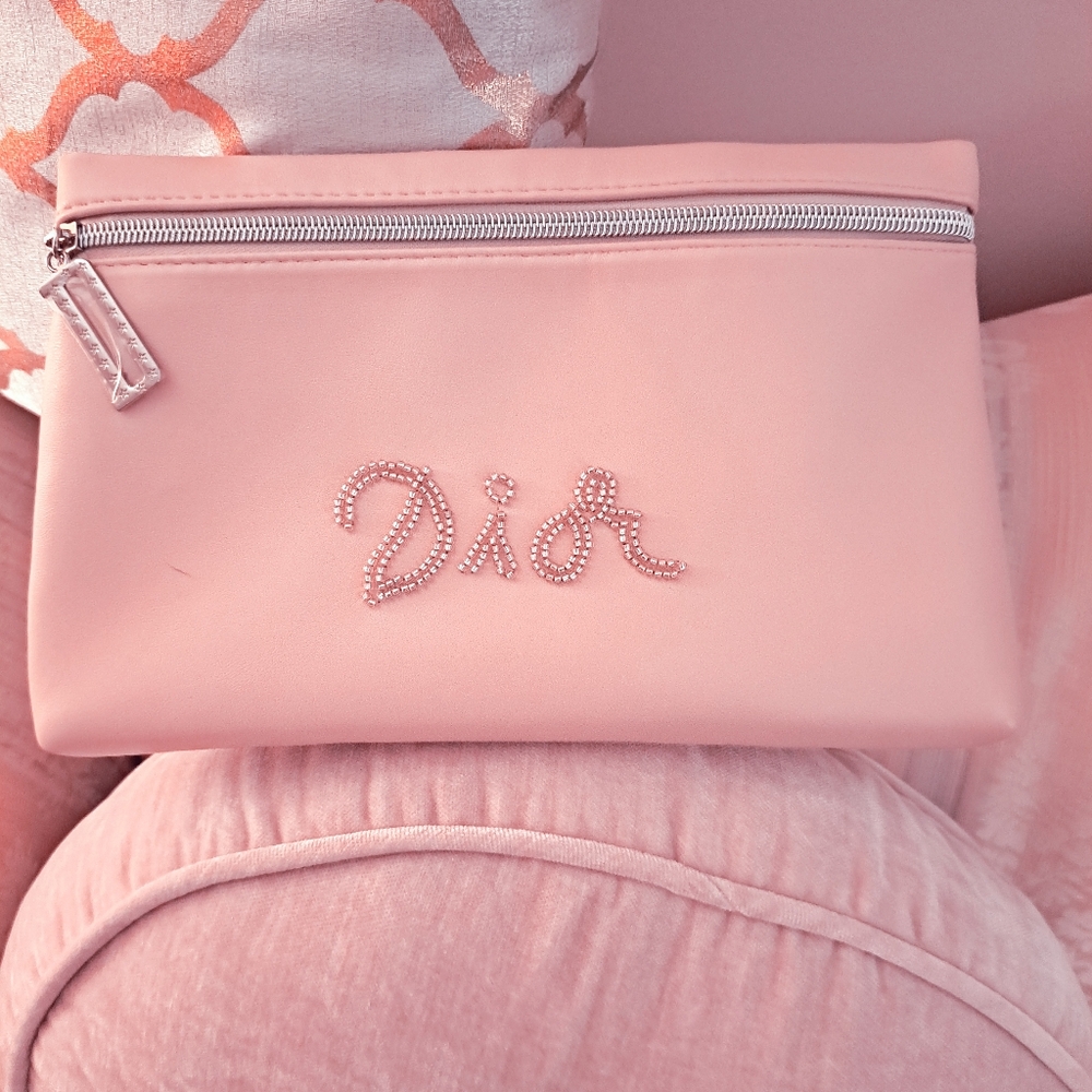 DIOR POUCH BAG GLITTER BEADED BLING ZIP MAKEUP TOILETRY COSMETIC CASE PINK RARE